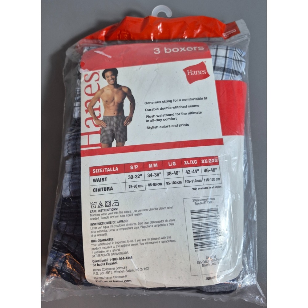 New Vintage 2006 Hanes 3 Boxers Shorts Underwear Plaid Grey Preppy L 38-40 - Picture 2 of 3